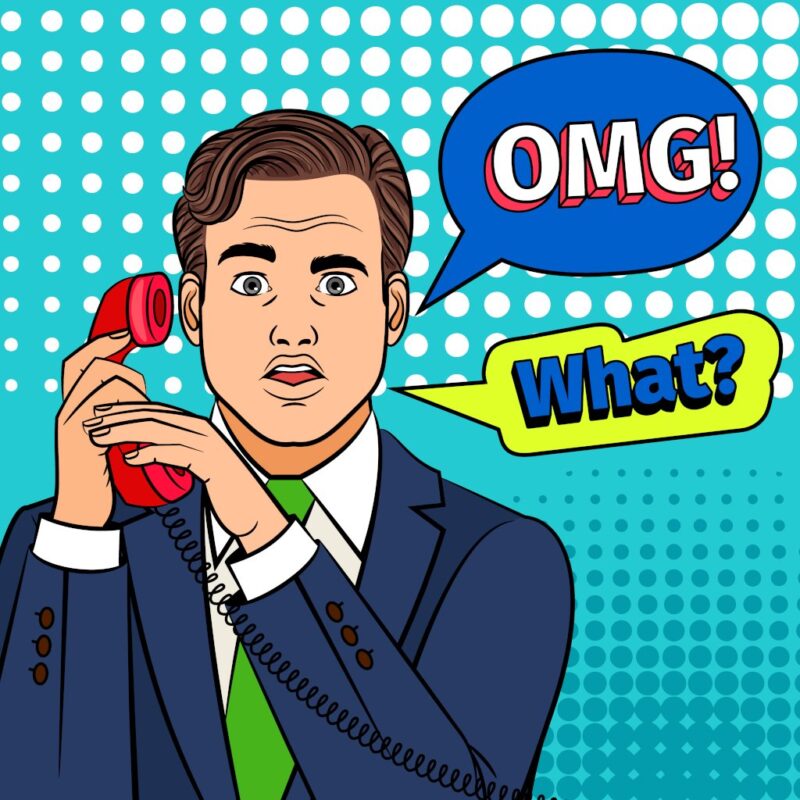 Pop art man with phone. Retro clipart surprised man with stunning face and omg in comic text bubble