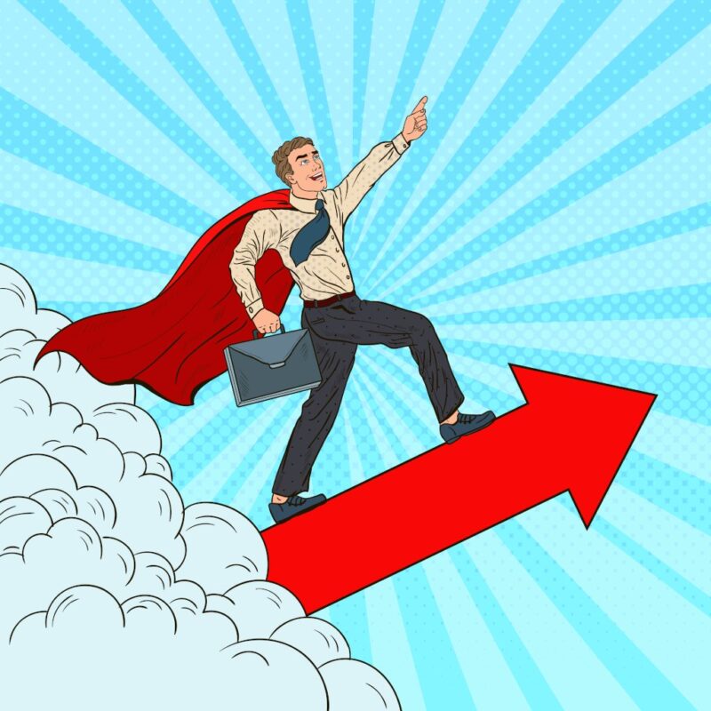 Pop Art Hero Super Businessman Flying through the Clouds. Business Motivation Leadership. Vector illustration